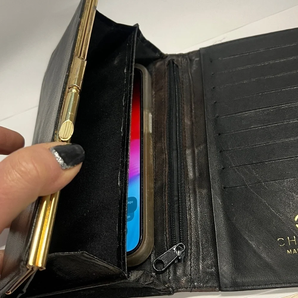Black Leather Long Bifold Snap Clutch Wallet